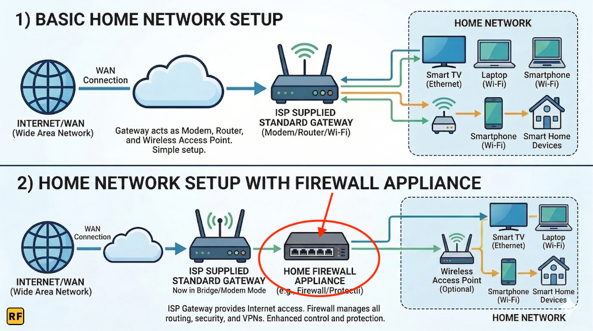 Typical home network setup w ISP modem vs home firewall